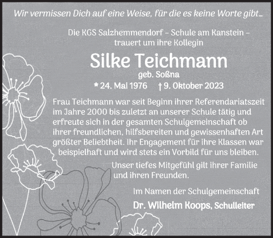 Traueranzeige von Silke Teichmann von Deister- und Weserzeitung