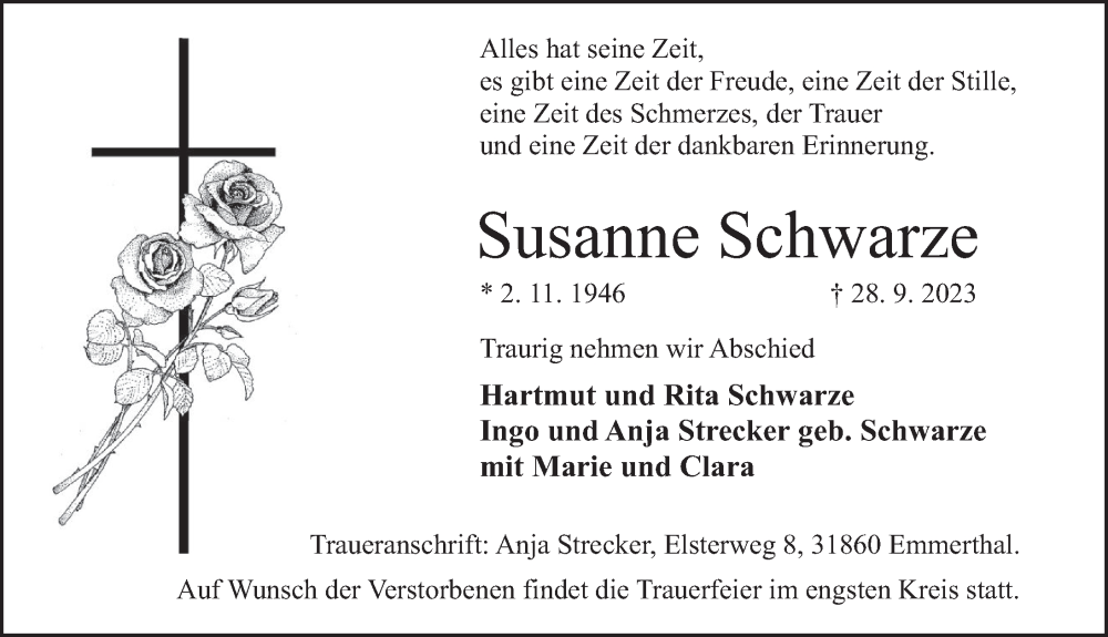  Traueranzeige für Susanne Schwarze vom 07.10.2023 aus Deister- und Weserzeitung