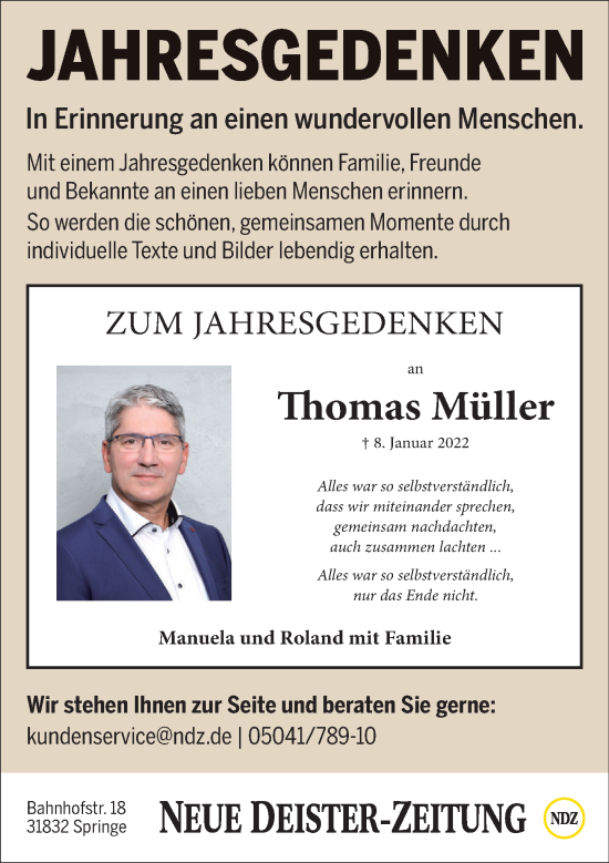 Traueranzeige von Thomas Müller von Neue Deister-Zeitung