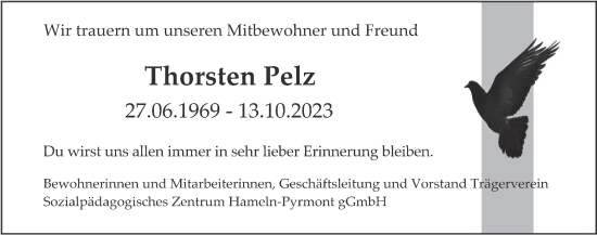 Traueranzeige von Thorsten Pelz von Deister- und Weserzeitung
