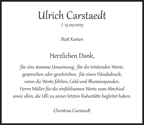 Traueranzeige von Ulrich Carstaedt von Deister- und Weserzeitung