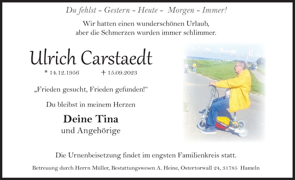  Traueranzeige für Ulrich Carstaedt vom 07.10.2023 aus Deister- und Weserzeitung