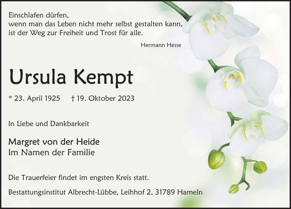  Traueranzeige für Ursula Kempt vom 04.11.2023 aus Deister- und Weserzeitung