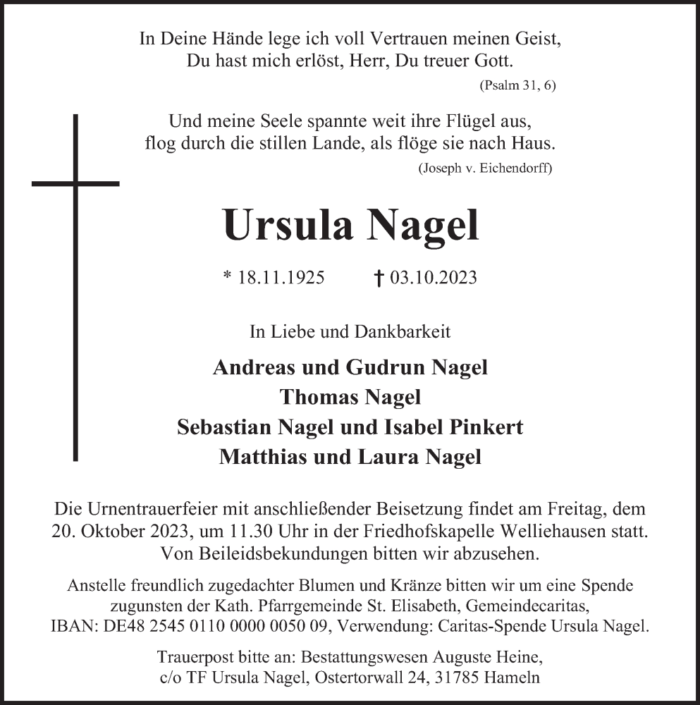  Traueranzeige für Ursula Nagel vom 14.10.2023 aus Deister- und Weserzeitung