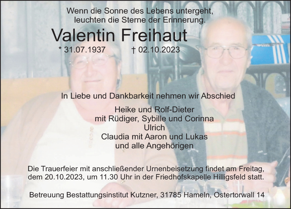  Traueranzeige für Valentin Freihaut vom 14.10.2023 aus Deister- und Weserzeitung