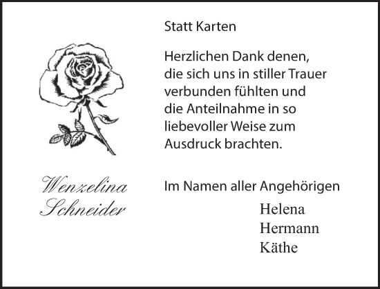 Traueranzeige von Wenzelina Schneider von Deister- und Weserzeitung