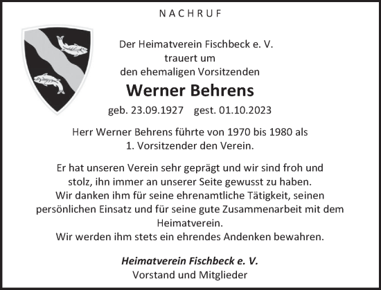 Traueranzeige von Werner Behrens von Deister- und Weserzeitung