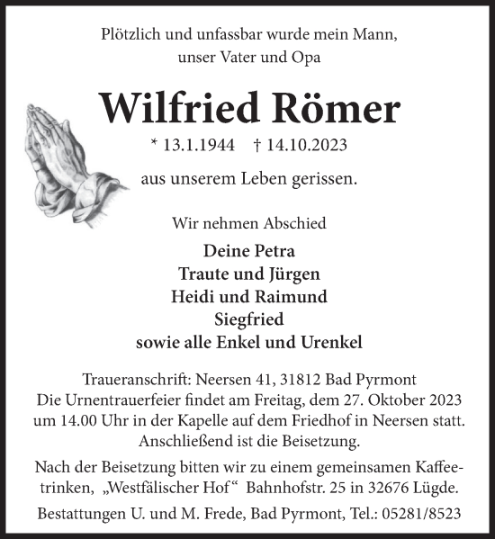 Traueranzeige von Wilfried Römer von Deister- und Weserzeitung