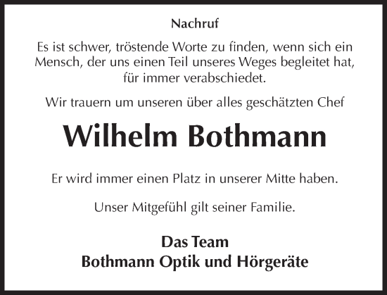 Traueranzeige von Wilhelm Bothmann von Deister- und Weserzeitung