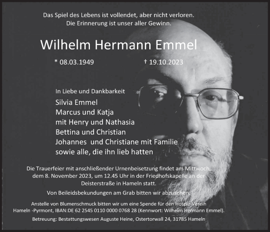 Traueranzeige von Wilhelm Hermann Emmel von Deister- und Weserzeitung
