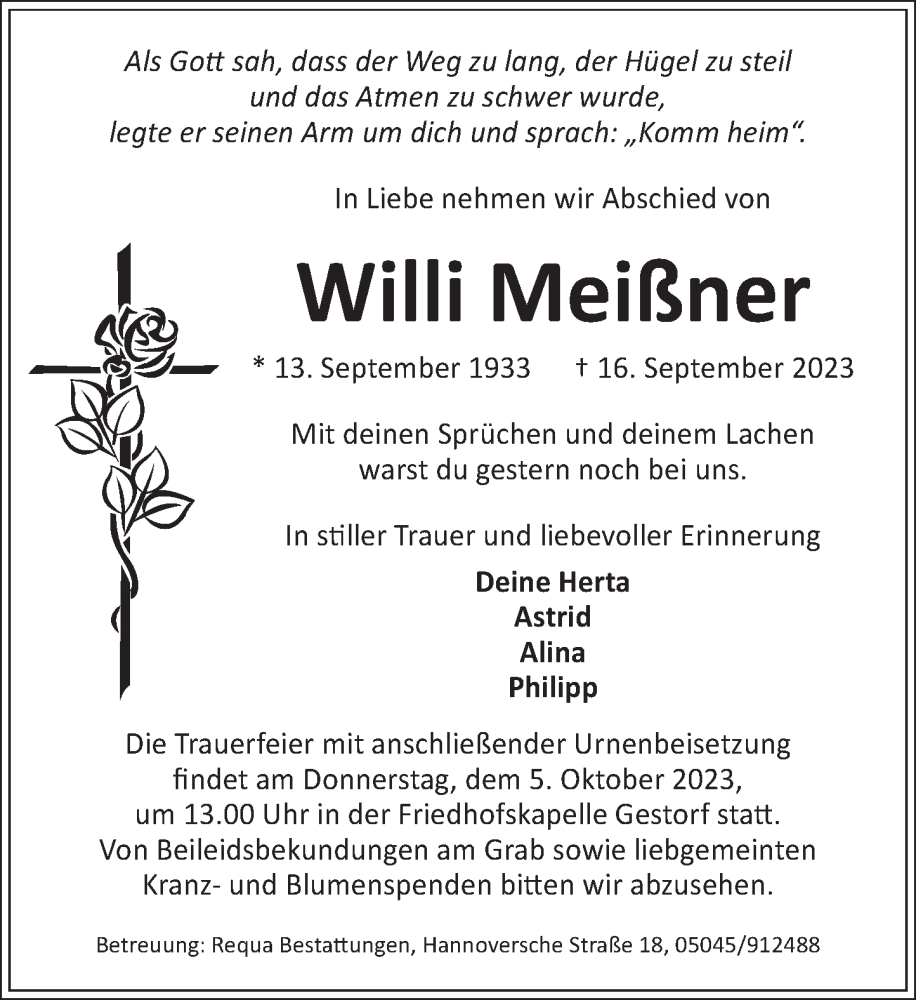  Traueranzeige für Willi Meißner vom 30.09.2023 aus Neue Deister-Zeitung