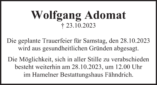 Traueranzeige von Wolfgang Adomat von Deister- und Weserzeitung