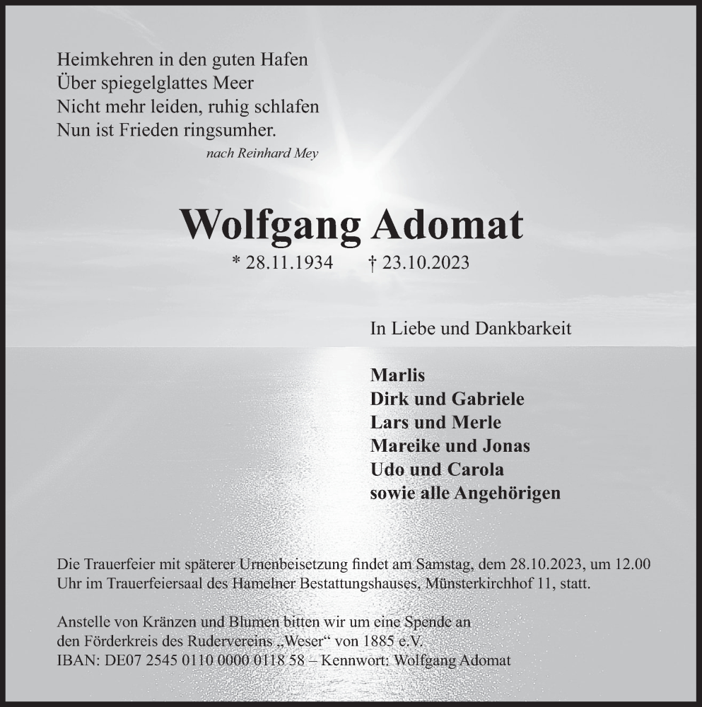  Traueranzeige für Wolfgang Adomat vom 25.10.2023 aus Deister- und Weserzeitung