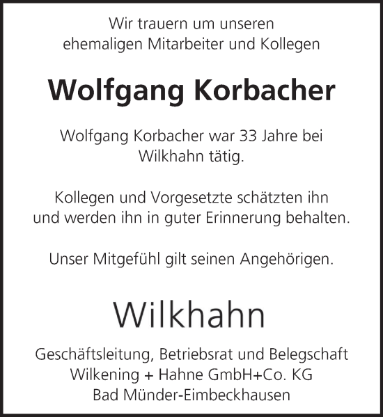 Traueranzeige von Wolfgang Korbacher von Neue Deister-Zeitung
