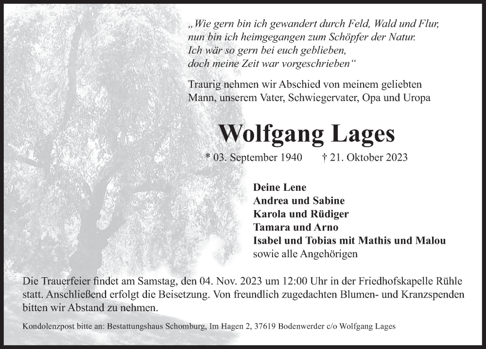  Traueranzeige für Wolfgang Lages vom 28.10.2023 aus Deister- und Weserzeitung