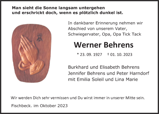 Traueranzeige von Werner Behrens von 	Deister- und Weserzeitung
