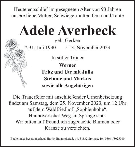 Traueranzeige von Adele Averbeck von Neue Deister-Zeitung