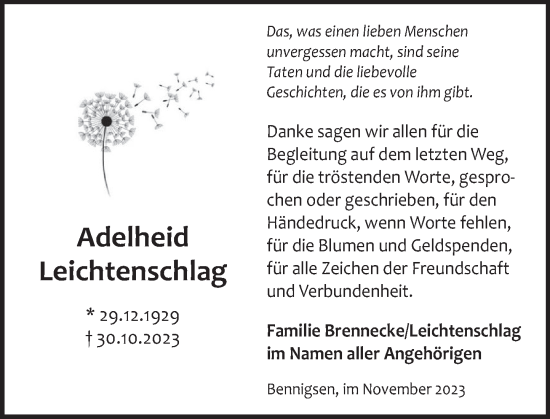 Traueranzeige von Adelheid Leichtenschlag von Neue Deister-Zeitung