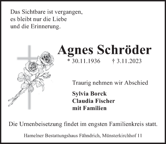 Traueranzeige von Agnes Schröder von Deister- und Weserzeitung