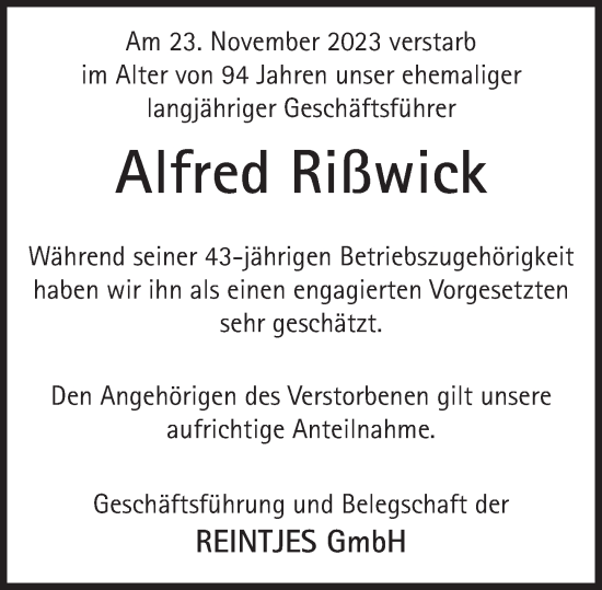 Traueranzeige von Alfred Rißwick von Deister- und Weserzeitung