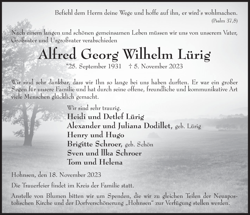  Traueranzeige für Alfred Georg Wilhelm Lürig vom 18.11.2023 aus Deister- und Weserzeitung