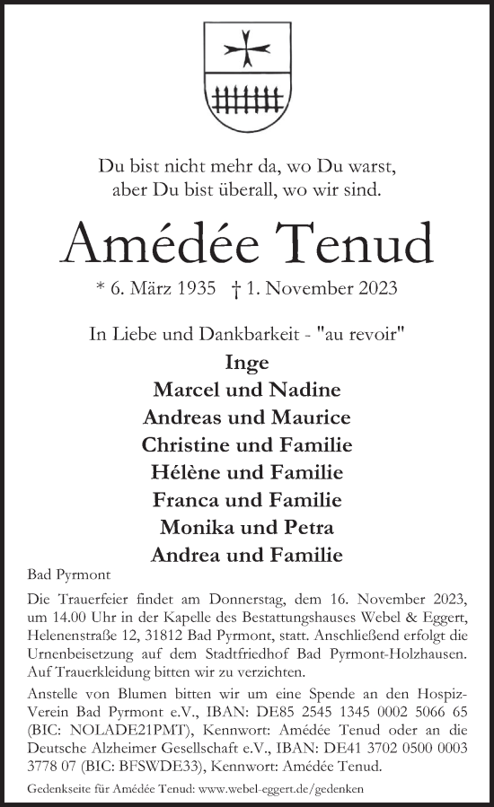 Traueranzeige von Amédée Tenud von Deister- und Weserzeitung