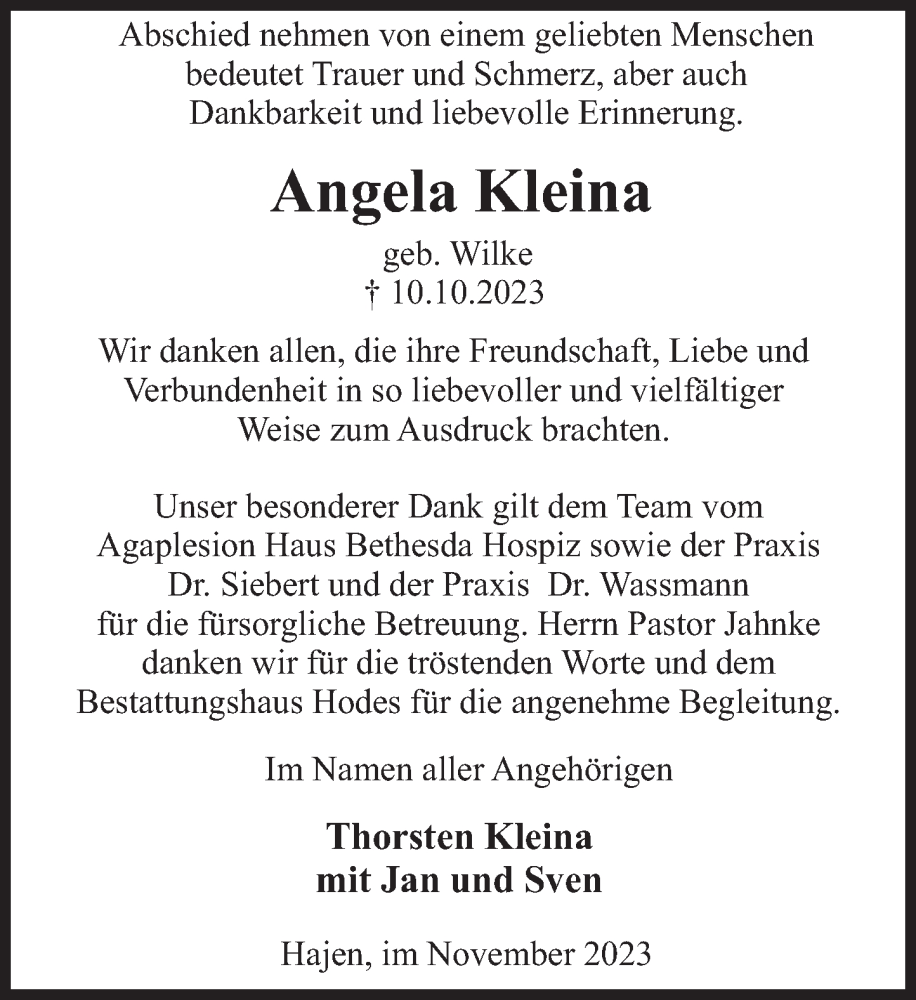  Traueranzeige für Angela Kleina vom 18.11.2023 aus Deister- und Weserzeitung