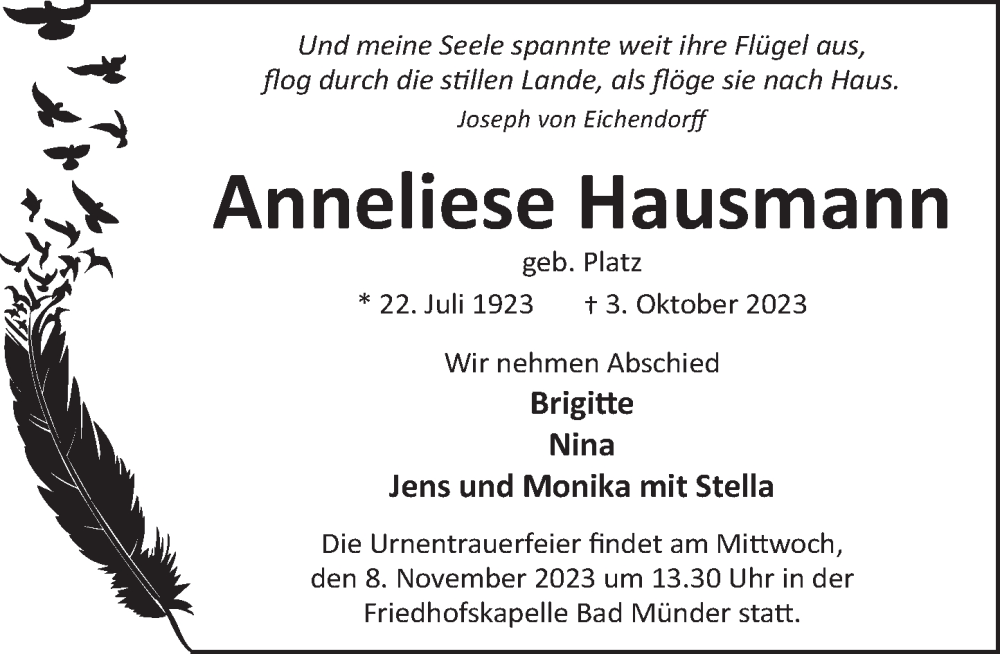  Traueranzeige für Anneliese Hausmann vom 07.11.2023 aus Neue Deister-Zeitung