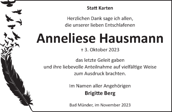 Traueranzeige von Anneliese Hausmann von Neue Deister-Zeitung