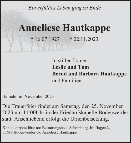 Traueranzeige von Anneliese Hautkappe von Deister- und Weserzeitung