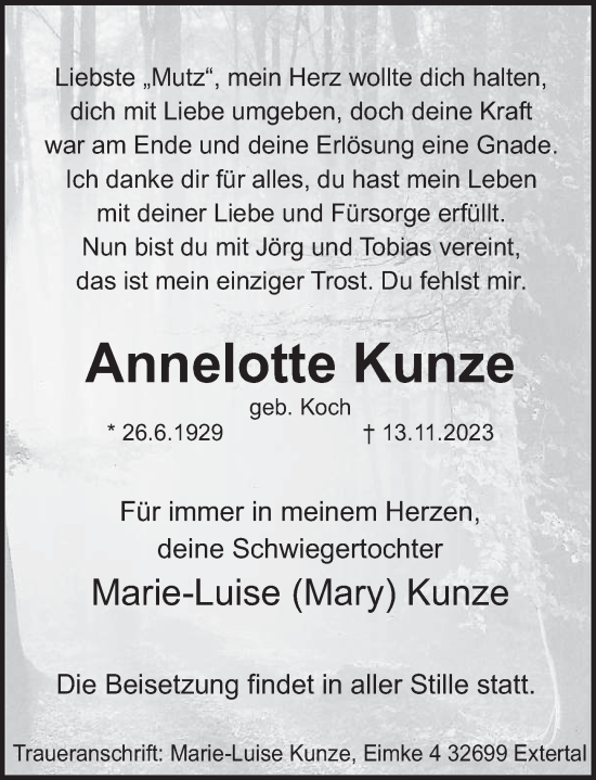 Traueranzeige von Annelotte Kunze von Deister- und Weserzeitung