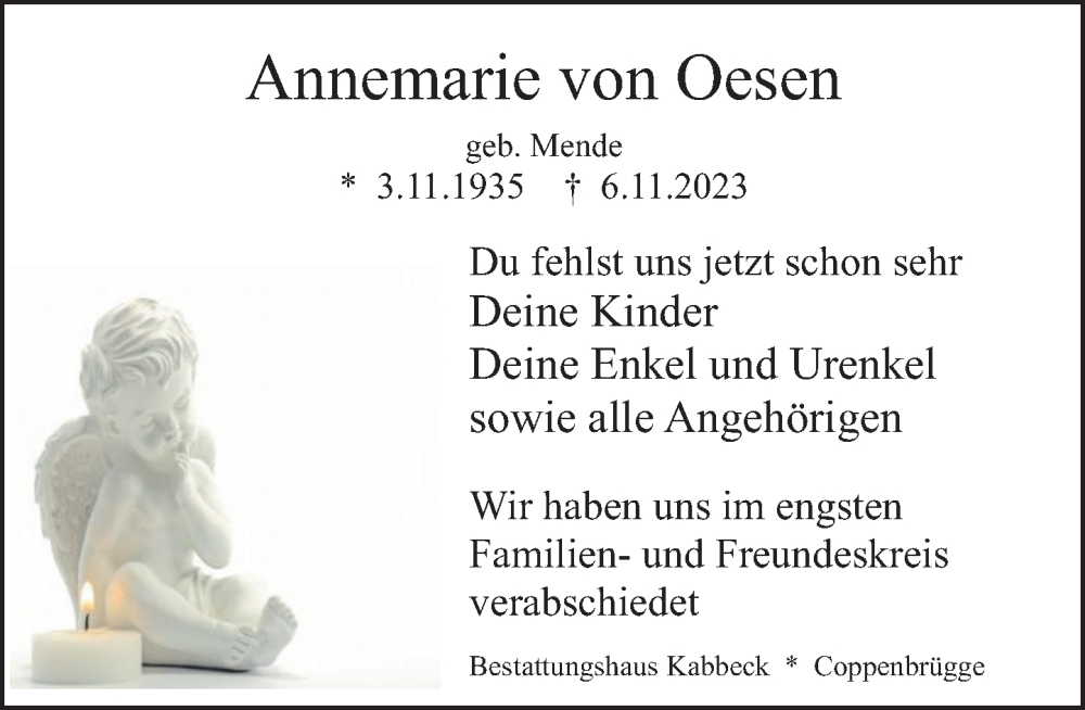  Traueranzeige für Annemarie von Oesen vom 25.11.2023 aus Deister- und Weserzeitung