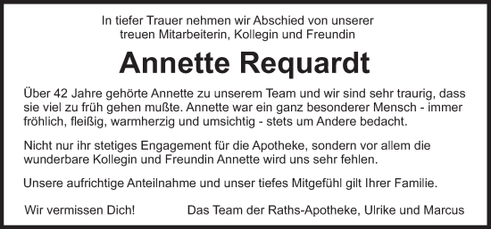 Traueranzeige von Annette Requardt von Deister- und Weserzeitung