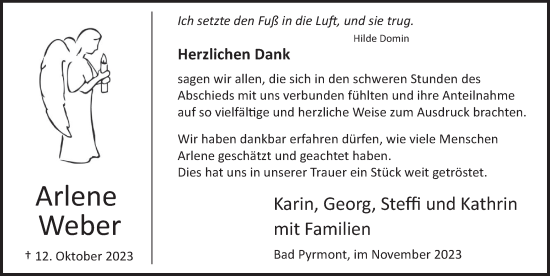 Traueranzeige von Arlene Weber von Deister- und Weserzeitung
