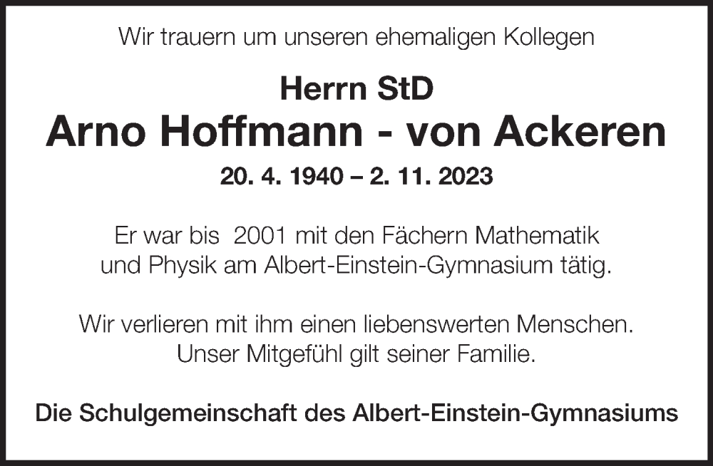  Traueranzeige für Arno Hoffmann-von Ackeren vom 18.11.2023 aus Deister- und Weserzeitung