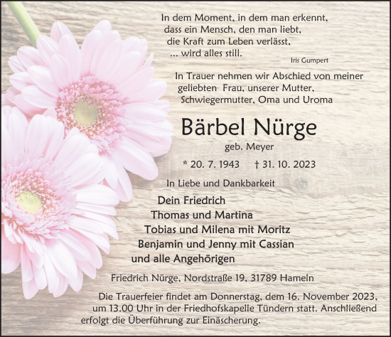 Traueranzeige von Bärbel Nürge von Deister- und Weserzeitung