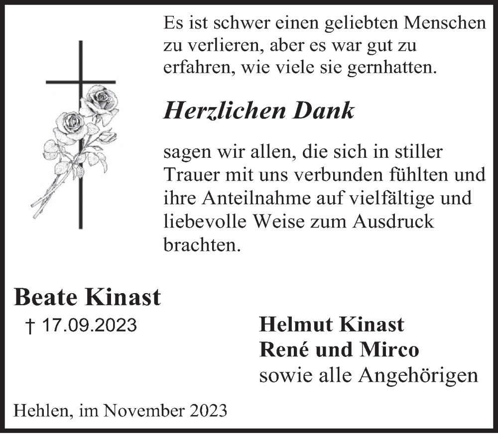  Traueranzeige für Beate Kinast vom 18.11.2023 aus Deister- und Weserzeitung