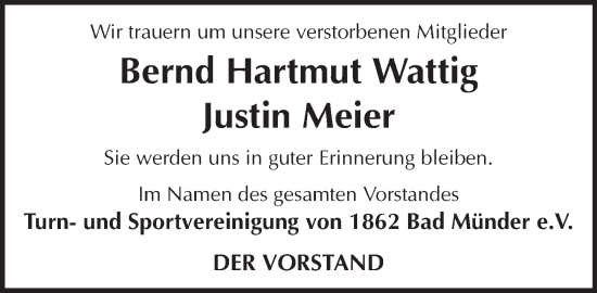 Traueranzeige von Bernd Hartmut Wattig von Neue Deister-Zeitung