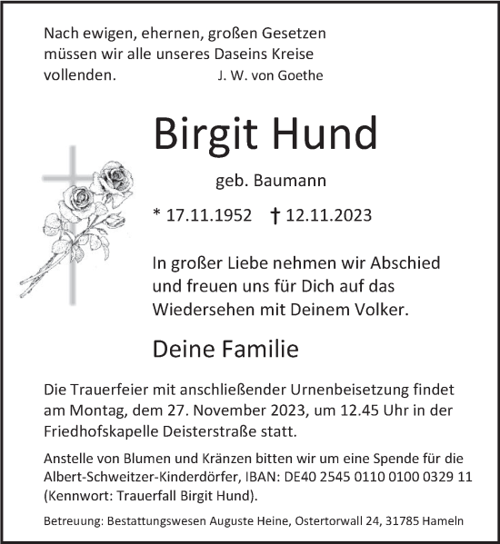 Traueranzeige von Birgit Hund von Deister- und Weserzeitung