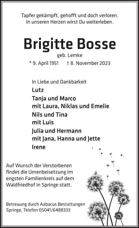 Traueranzeige von Brigitte Bosse von Neue Deister-Zeitung