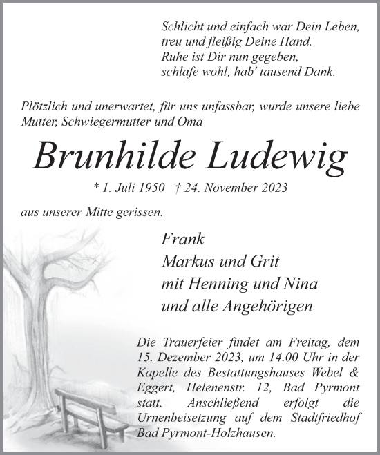 Traueranzeige von Brunhilde Ludewig von Deister- und Weserzeitung
