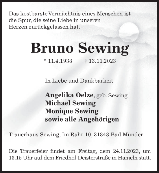 Traueranzeige von Bruno Sewing von Deister- und Weserzeitung