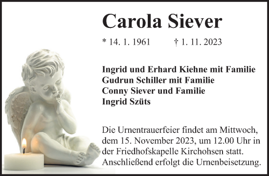 Traueranzeige von Carola Siever von Deister- und Weserzeitung