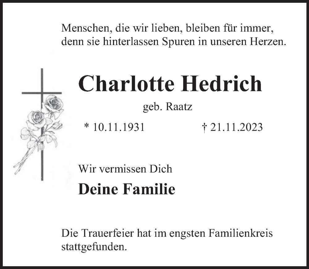  Traueranzeige für Charlotte Hedrich vom 02.12.2023 aus Deister- und Weserzeitung