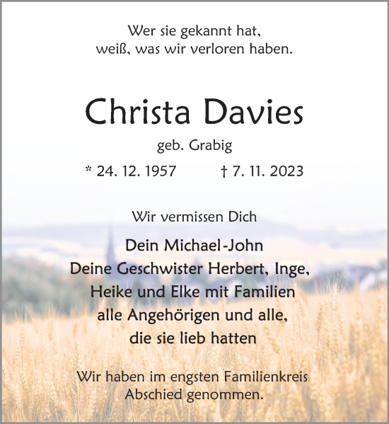 Traueranzeige von Christa Davies von Deister- und Weserzeitung
