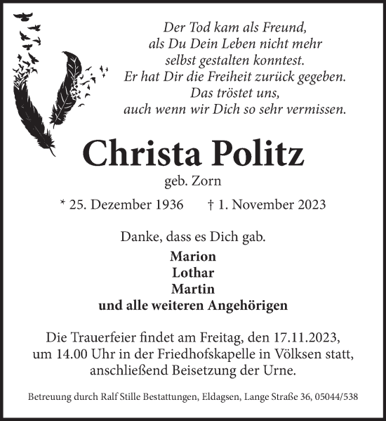 Traueranzeige von Christa Politz von Neue Deister-Zeitung
