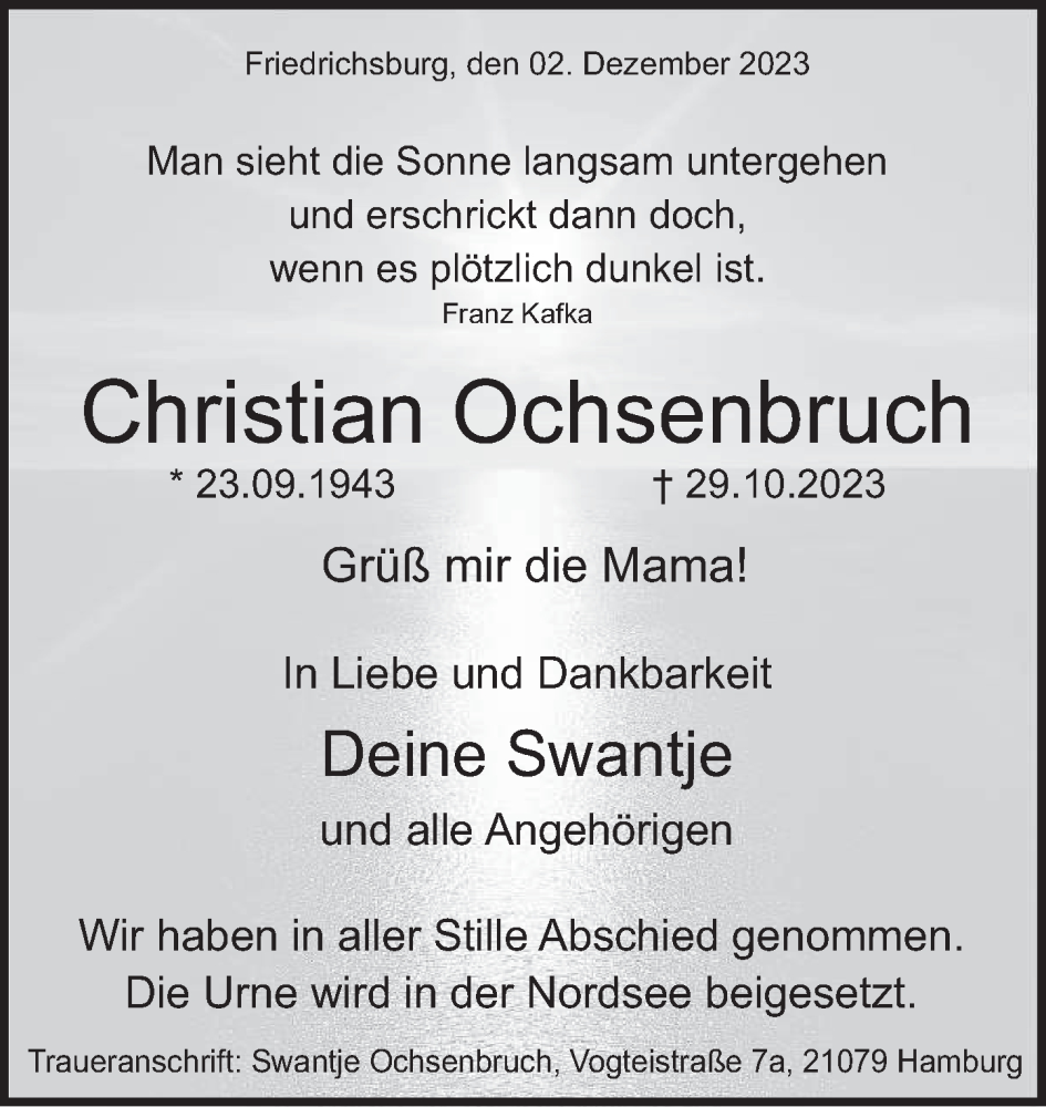  Traueranzeige für Christian Ochsenbruch vom 02.12.2023 aus Deister- und Weserzeitung