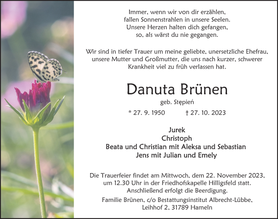 Traueranzeige von Danuta Brünen von Deister- und Weserzeitung
