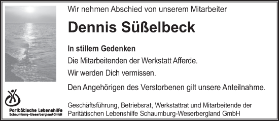 Traueranzeige von Dennis Süßelbeck von Deister- und Weserzeitung