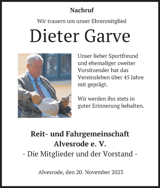 Traueranzeige von Dieter Garve von Neue Deister-Zeitung